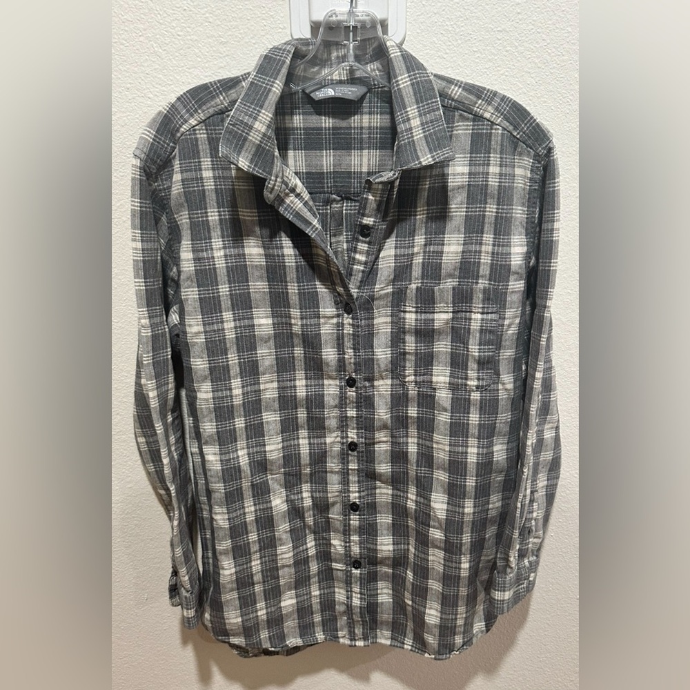 The North Face gray and White Plaid Shirt women’s size Medium